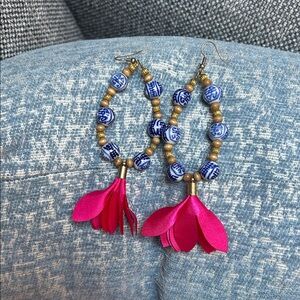 Elegant Blue and Pink Bead Earrings with Gold Accents